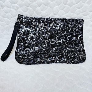 Express sequin clutch make-up bag black wristlet
